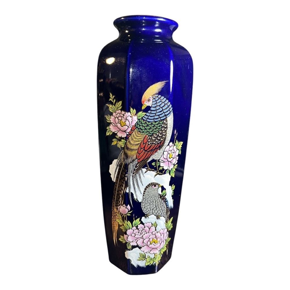Japanese Blue Vase with Bird and Floral Design, Made in Japan